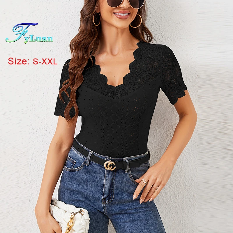 2025 novo produto feminino manga curta camiseta moda leque em forma de borda renda emenda decote em v sexy dentro juntar usando fora topos