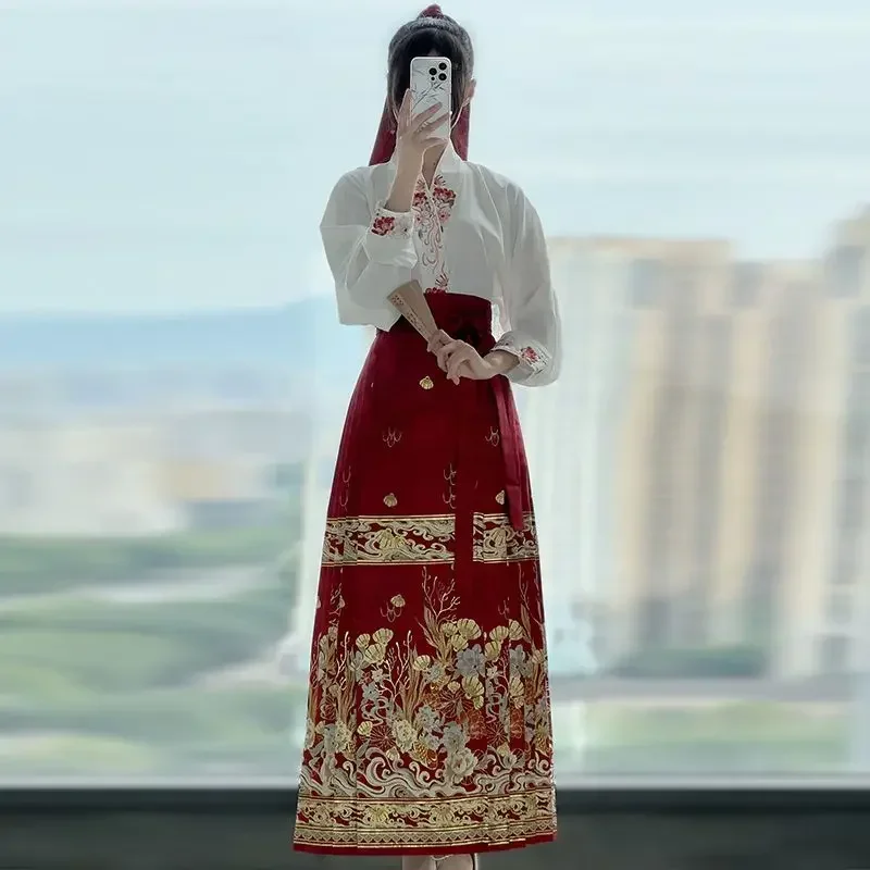 

Традиционная китайская юбка с лицом лошади Hanfu, жилет мамина, комплект короткой юбки, топ с вышивкой, юбка с лицом лошади, комплект из двух предметов, 2023