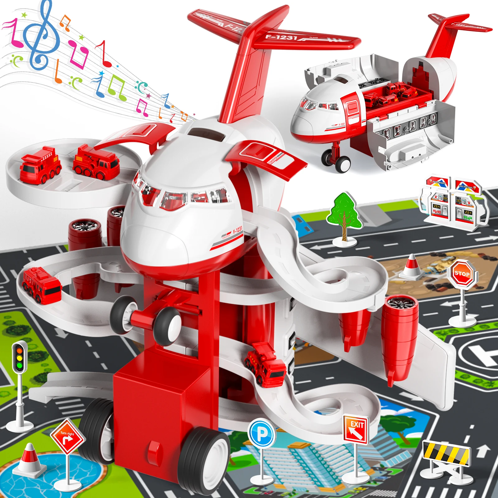 14 sinais de estrada 4 motores da cidade avião vermelho brinquedos para crianças meninos garagem estacionamento playset com 1 mapa presente natal dia das bruxas