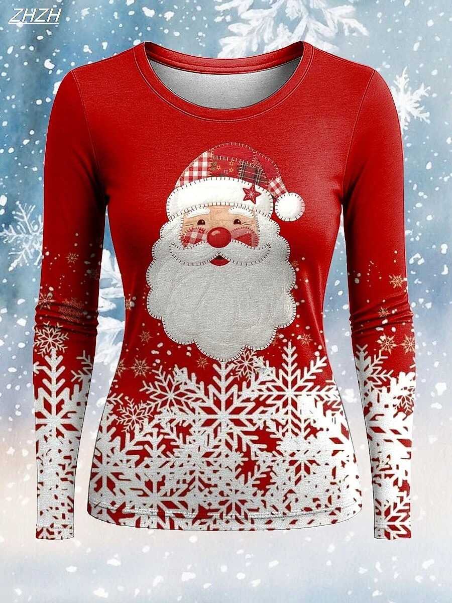 Women's Holiday Santa Print Long Sleeve, Festive Graphic Crew Neck T-Shirts, Seasonal Casual Top, Spring Fall Winter Style