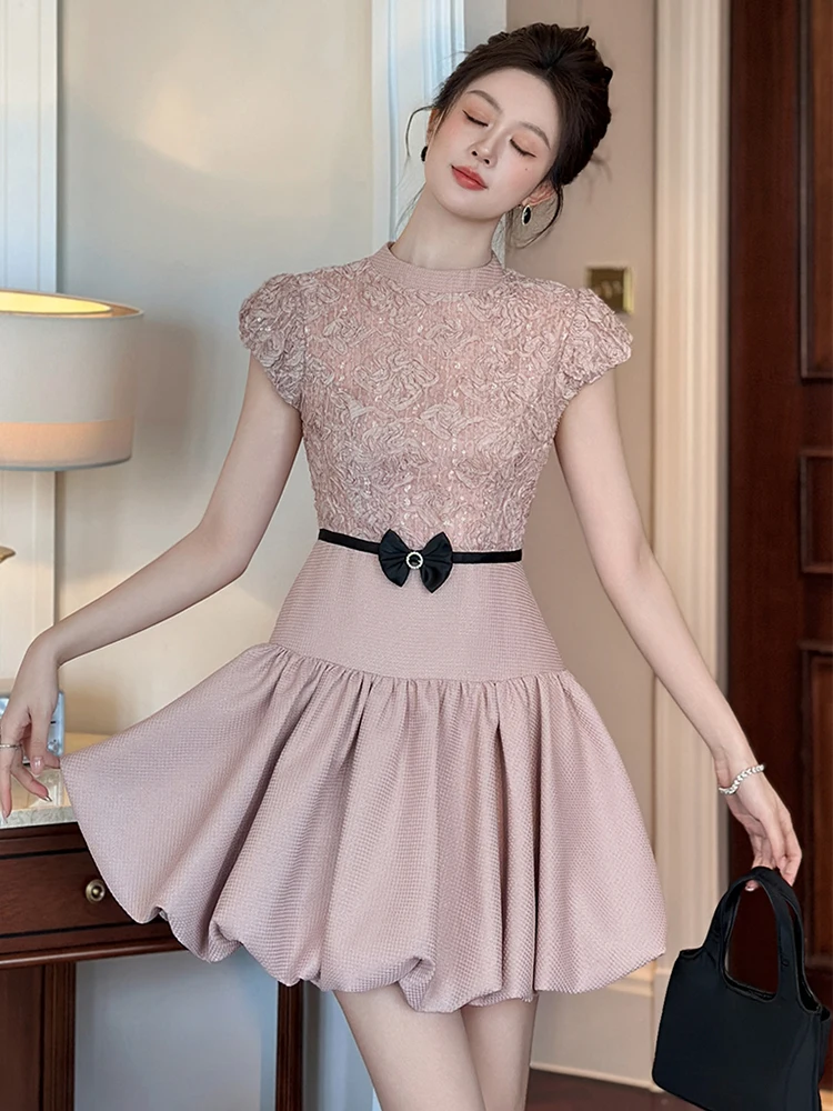 

Women Clothes Fake 2-Piece Sweet Pink O-Neck Slim Ball Gown Mini Short Dress Lady Fashion Evening Party Birthday Vestidos Summer