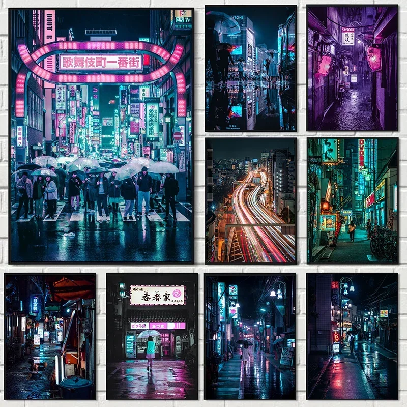 Póster de ciudad nocturna Pop Neo Kyoto, Torre de Osaka, lluvia, calle, medianoche, Matsuri, pinturas en lienzo púrpura, arte de pared, decoración de la habitación del hogar