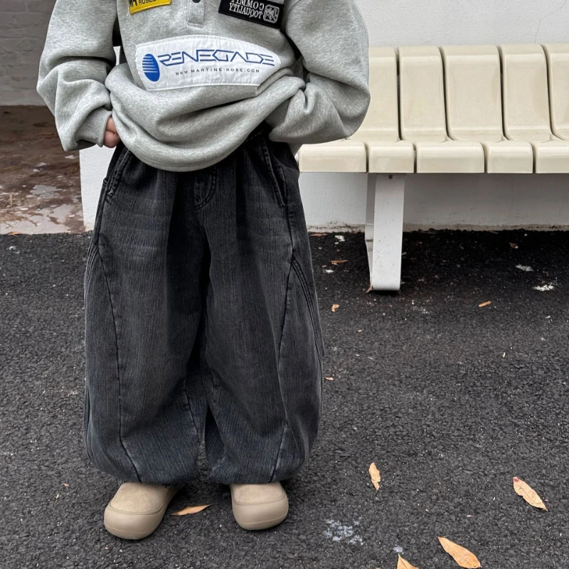 

2025 Winter New Children's Curved Knife Warm Thick Grinding White and Velvet Jeans