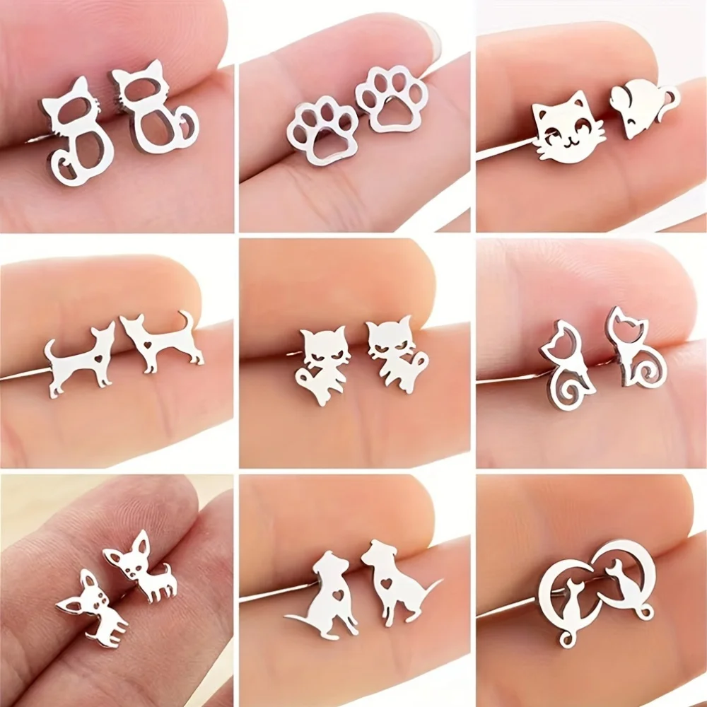 9 Pairs Mixed Designs Stainless Steel Animal Stud Earrings Set for Women, Simple Fashion No Fade Cat & Dog Ear Accessories for Daily Use, Gift-Giving - Hypoallergenic Ear Studs Collection