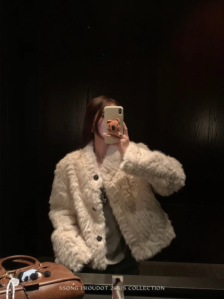 Women Faux Shearling Fur Coats Solid Fur Jackets Cotton Linen V Neck Long Sleeves Single Breasted Loose Fit Casual 2026 Winter