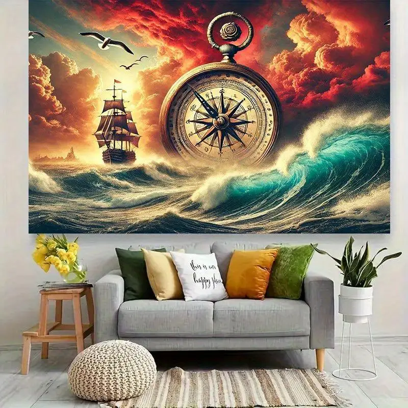 1pc 8x6ft Nautical Compass & Sailboat Backdrop Banner - Dramatic Stormy Seas with Golden Compass, Seagulls & Vibrant Red/Orange/