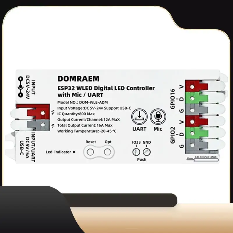 

Адресный контроллер световых лент DOMRAEM WS2805R Встроенный микрофон Управление приложением UART Alexa Voice-T44C