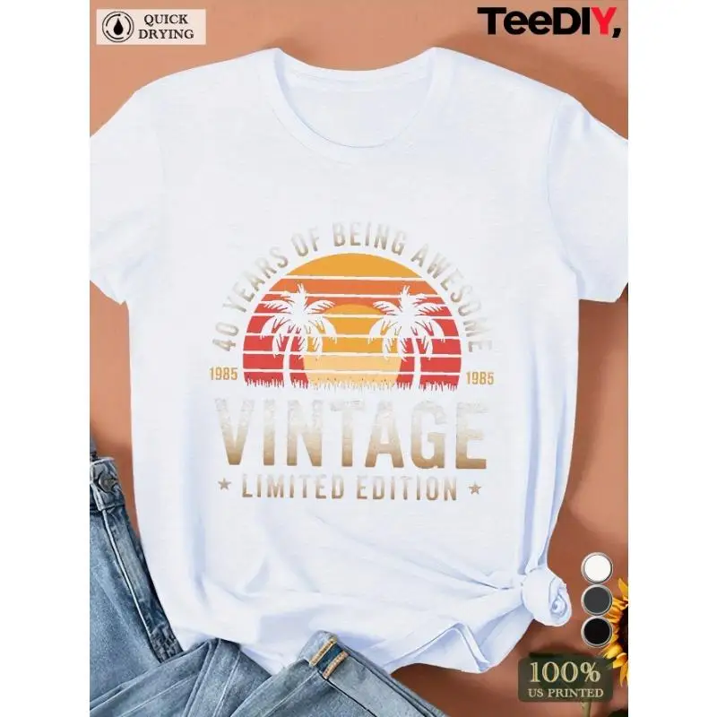 

"Women's 40th Birthday Gift T-Shirt 1985 Vintage Sunset Palm Tree Print Summer Casual Loose Top for Her"