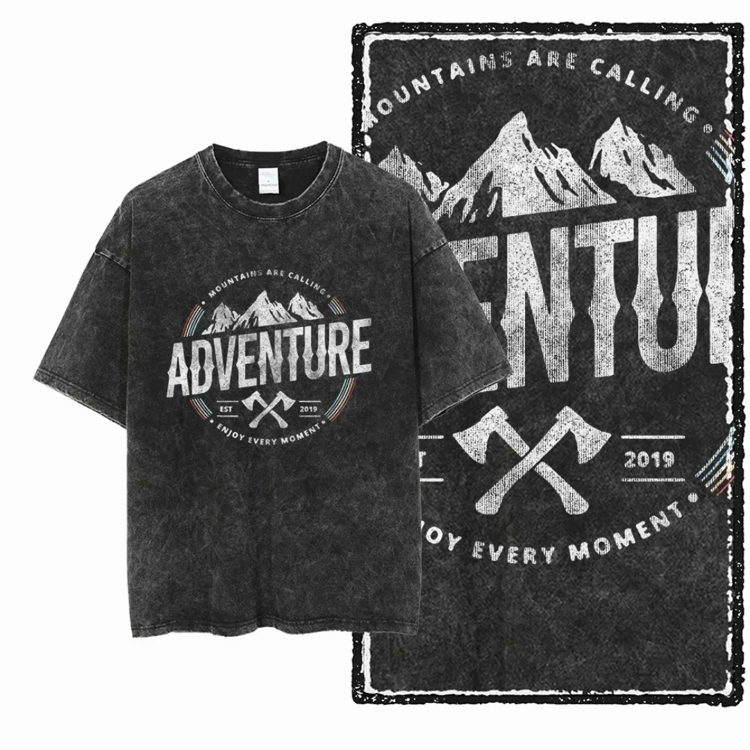 

Vintage Washed Mountain & Crossed Axes Graphic Mountains Are Calling Adventure Men T Shirt Oversized Black Outdoor Tshirt