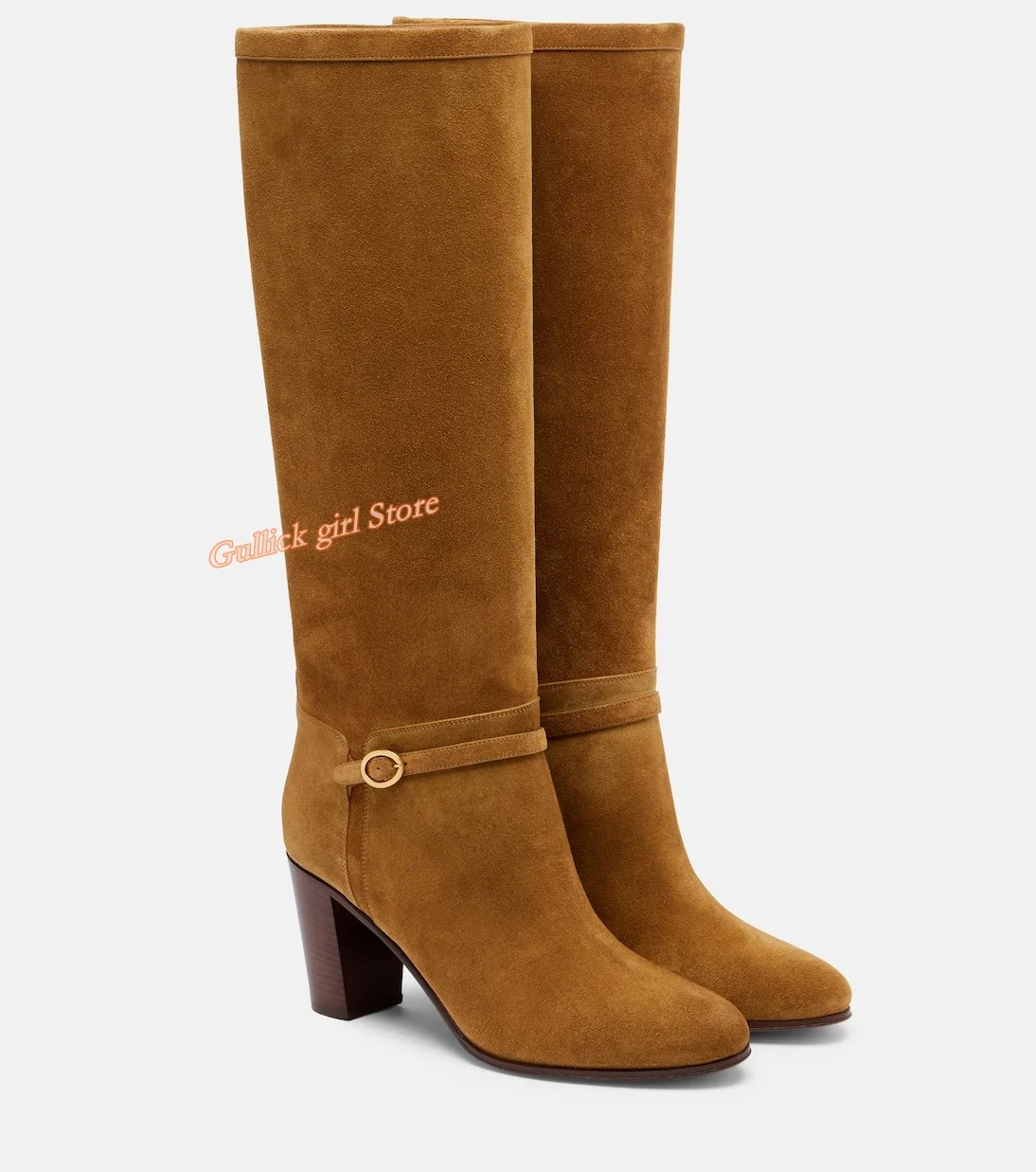 

Suede Knee High Boots Round Toe Block High Heel Ankle Buckle Strap Slip On Fashion 2025 Winter Autumn Women Runway Dress Shoes