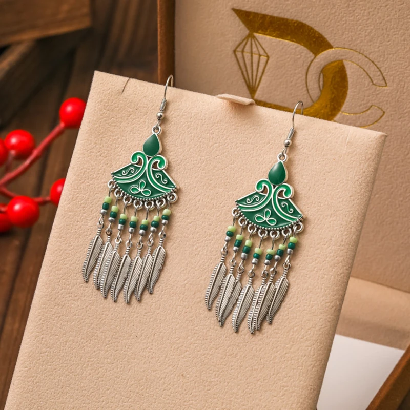 Fashion Boho Green Enamel Feather Earrings for Women Elegant Crystal Bead Stone Water Drop Earring Vacation Party Daily Jewelry