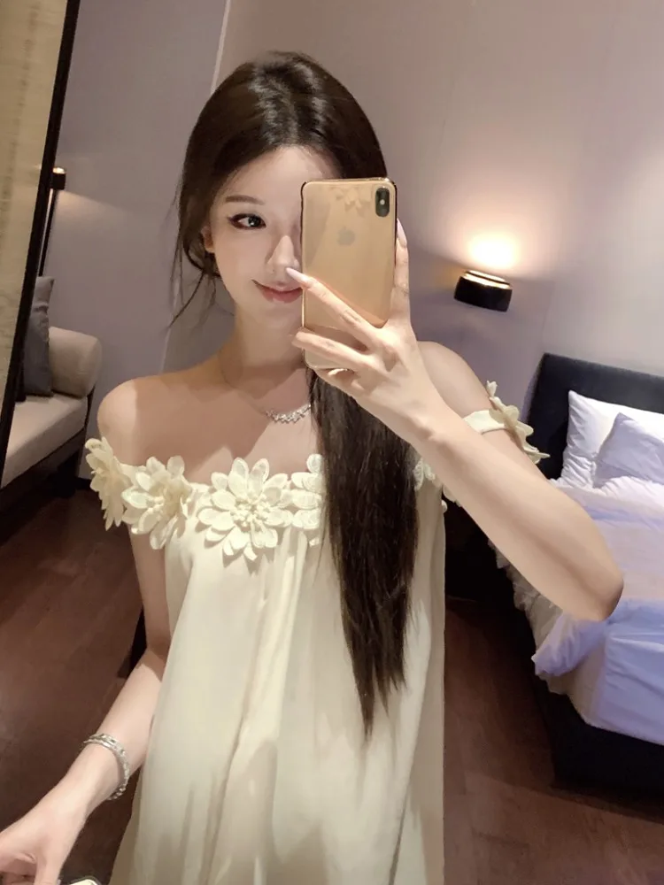 

Summer Floral A-Line Dress Women's Loose Chiffon Gown with Strap Slimming Effect Korean Style Casual Wear by Guzilian
