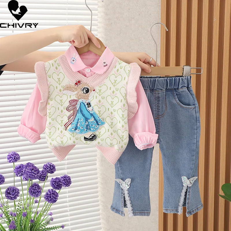 New 2023 Kids Autumn Cute Rabbit V-neck Knit Vest Lapel Shirt with Denim Pants Jeans Baby Girls Casual Three-piece Clothing Sets