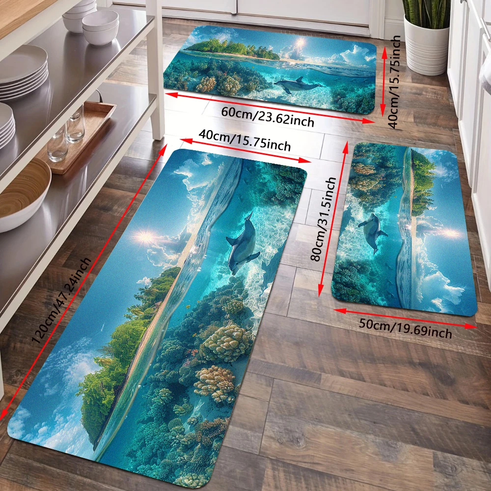 Dolphin Blue Underwater World Kitchen Floor Rug Set Ocean Island Home Entrance Doormat Flannel Non-Slip Bath Mat Bathroom Carpet