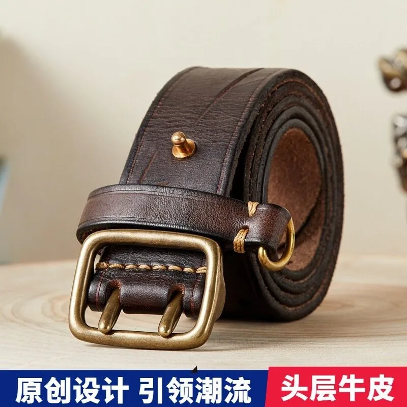 Fashionable double-pin belt men's leather pure cowskin versatile youth