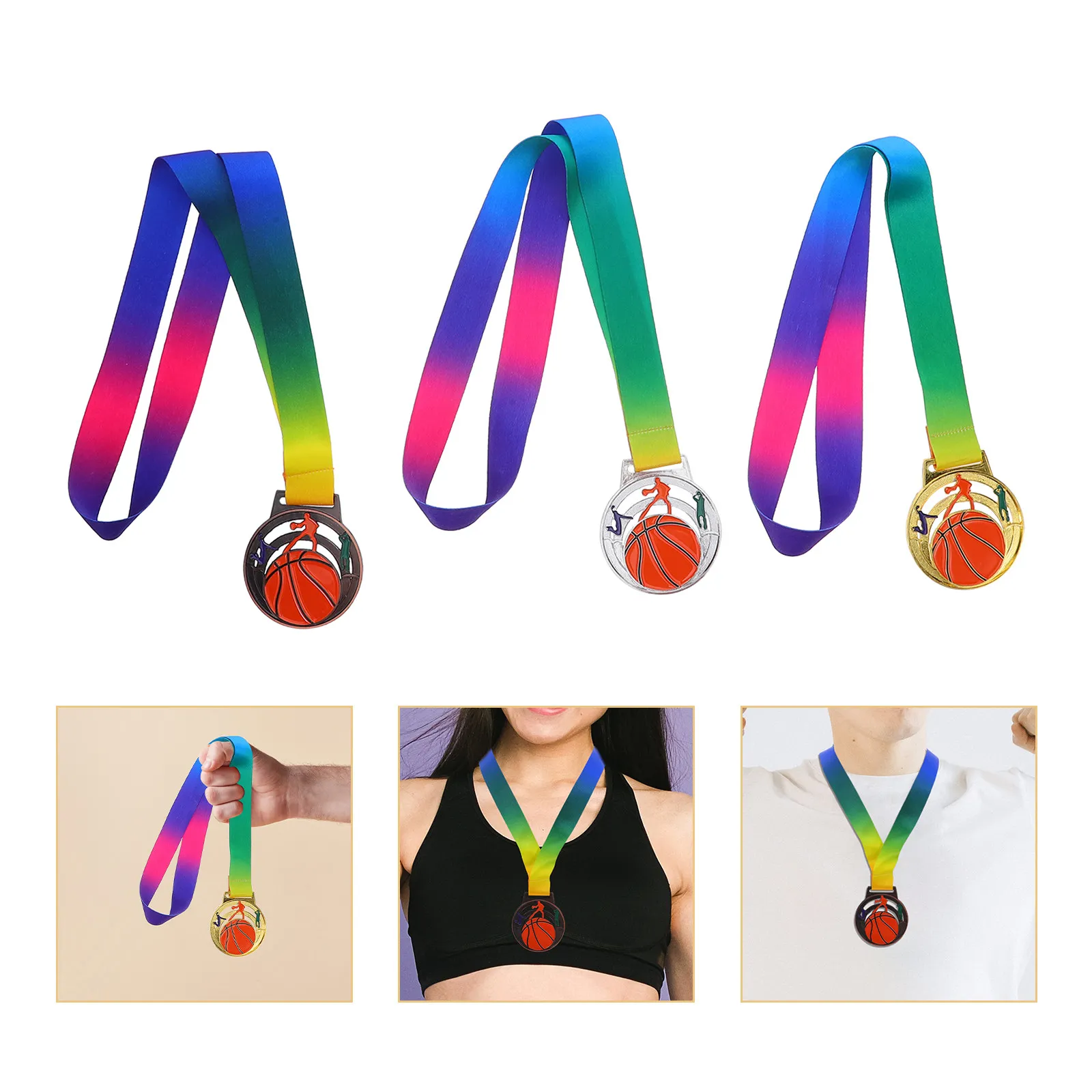 3pcs Sports Basketball Medals Winner Metal Award Prize Props Gold Silver Bronze Medals With Neck Ribbon Championship Team Awards