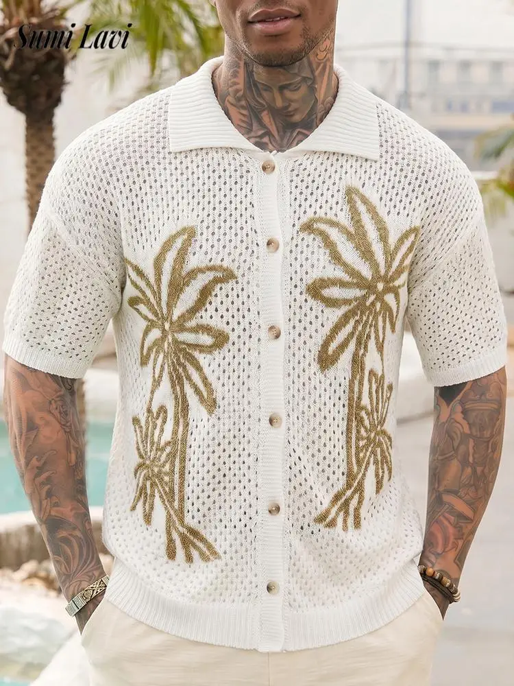 Daily Casual Print Knitting Shirt Tops Mens Stylish Hollow Out Breathable Loose Cardigan 2026 Summer Outdoor Knitted Tops