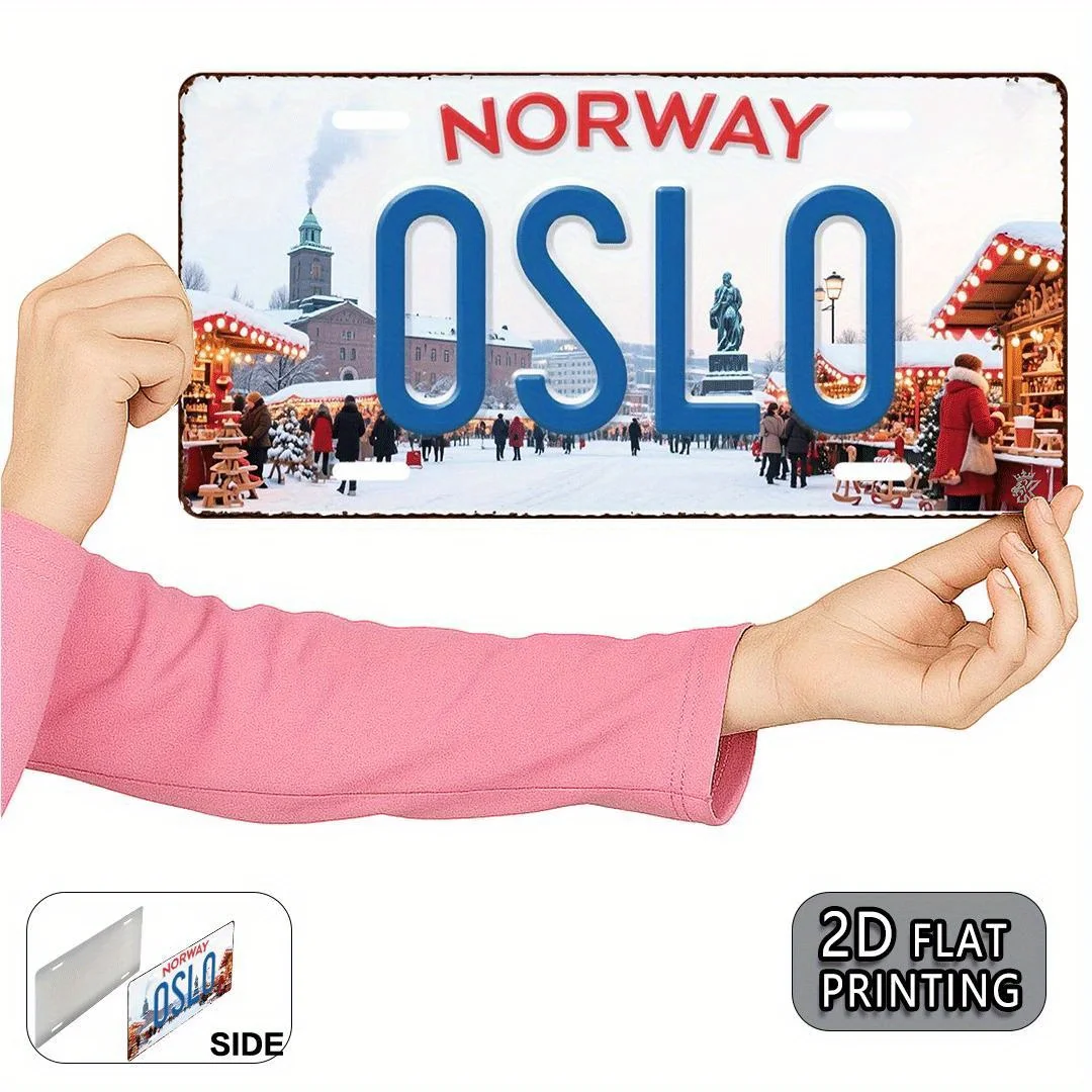 2D Flat, 1pc Norway Oslo Vintage Metal Aluminum Sign - 30.23x15.24 cm Retro Wall Decor with Snowy Cityscape & Christmas Market D