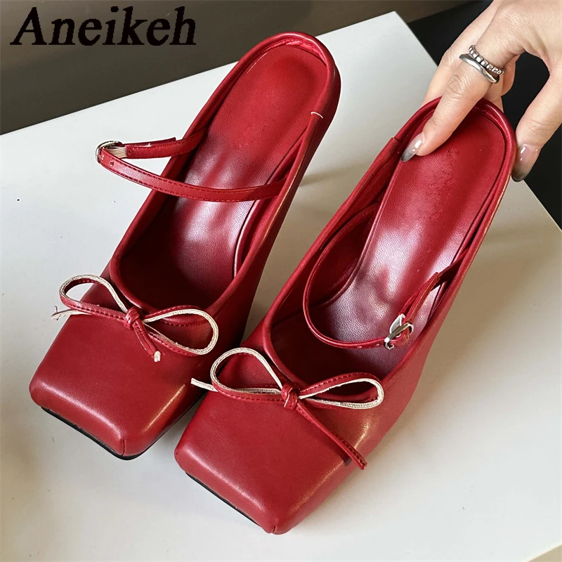 Aneikeh Sexy Square head Thin Heels Wedding Banquet Dress Mule Ladies Shoes 2024 Designer Bowknot Buckle Strap Pumps Women