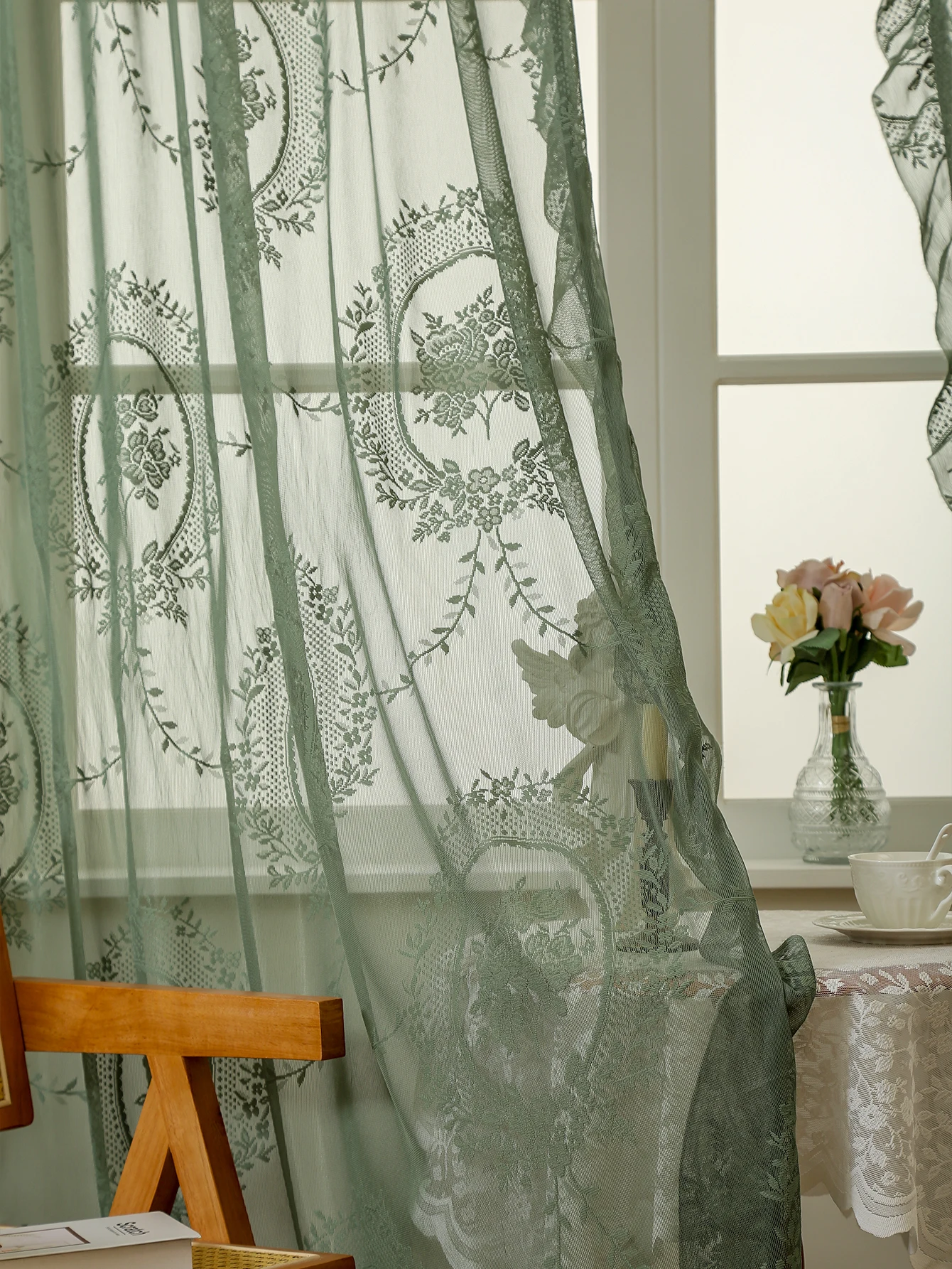 Green Lace Curtains 84 Inches Long 1 Panels Set, Boho Sheer Florals Scallop Ruffle, Shabby Chic Vintage Window Treatment Pair