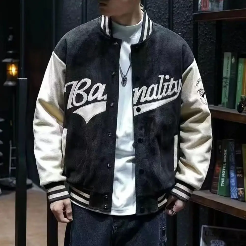 Abrigo de béisbol de ante bordado para hombre, chaqueta verde Retro con letras, bolsillos laterales, cuello levantado, Primavera