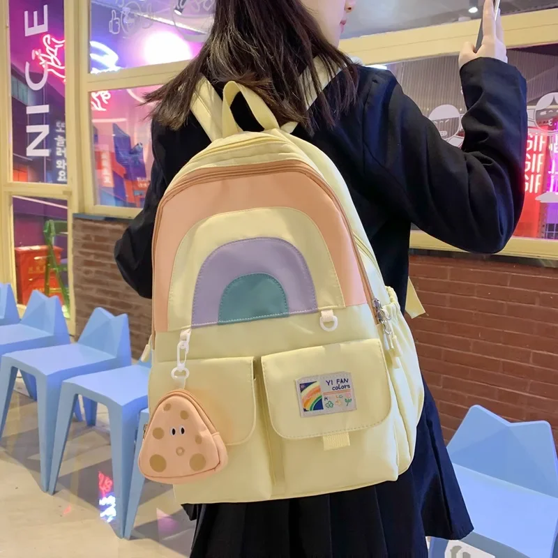 Large Capacity Cute Rainbow Backpack Japanese Schoolbags + Cheese Purse Pendant Schoolbag for Students