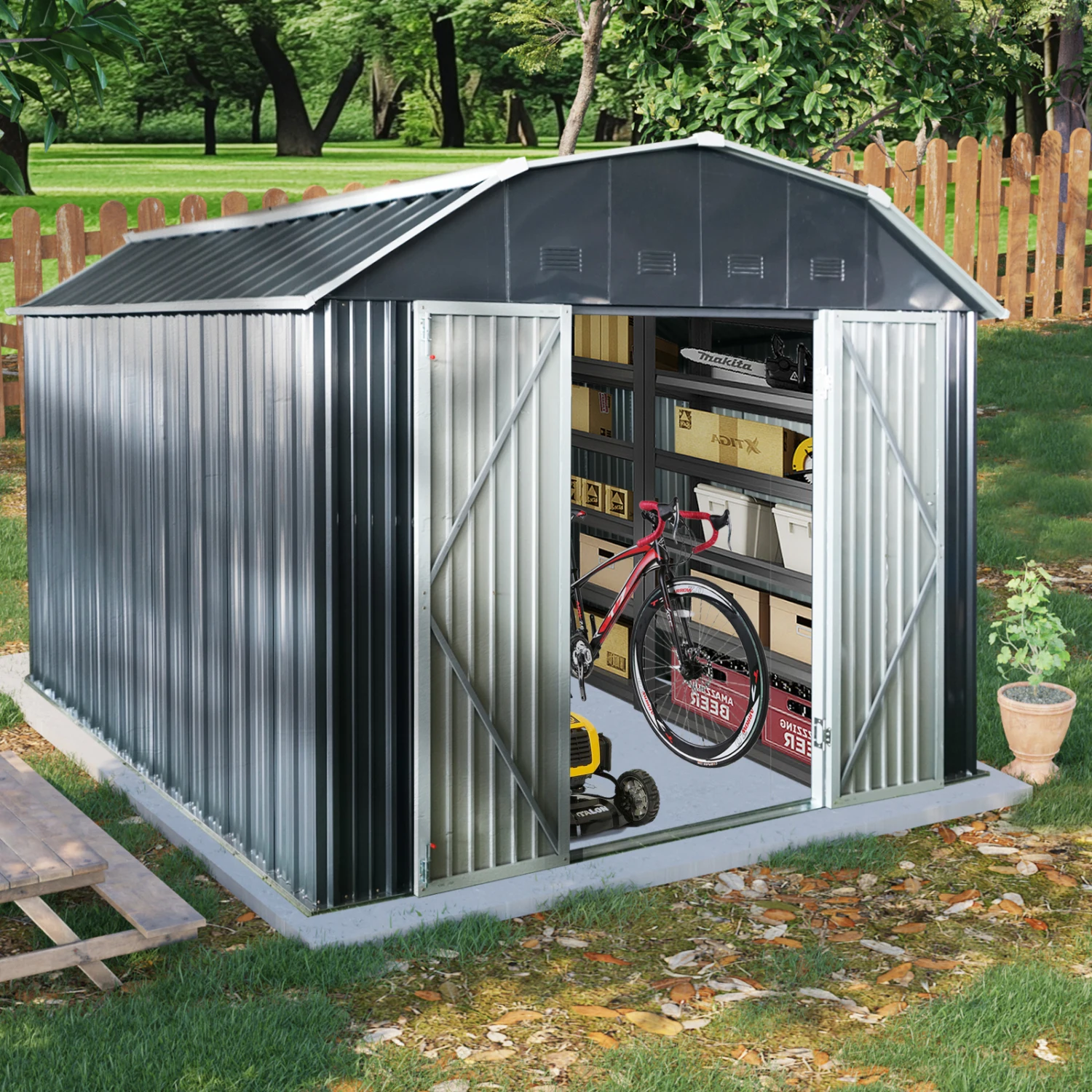 10 ft x 12 ft Outdoor Metal Storage Shed with Arch Roof with Lockable Doors for Backyard Garden Patio Lawn, Black