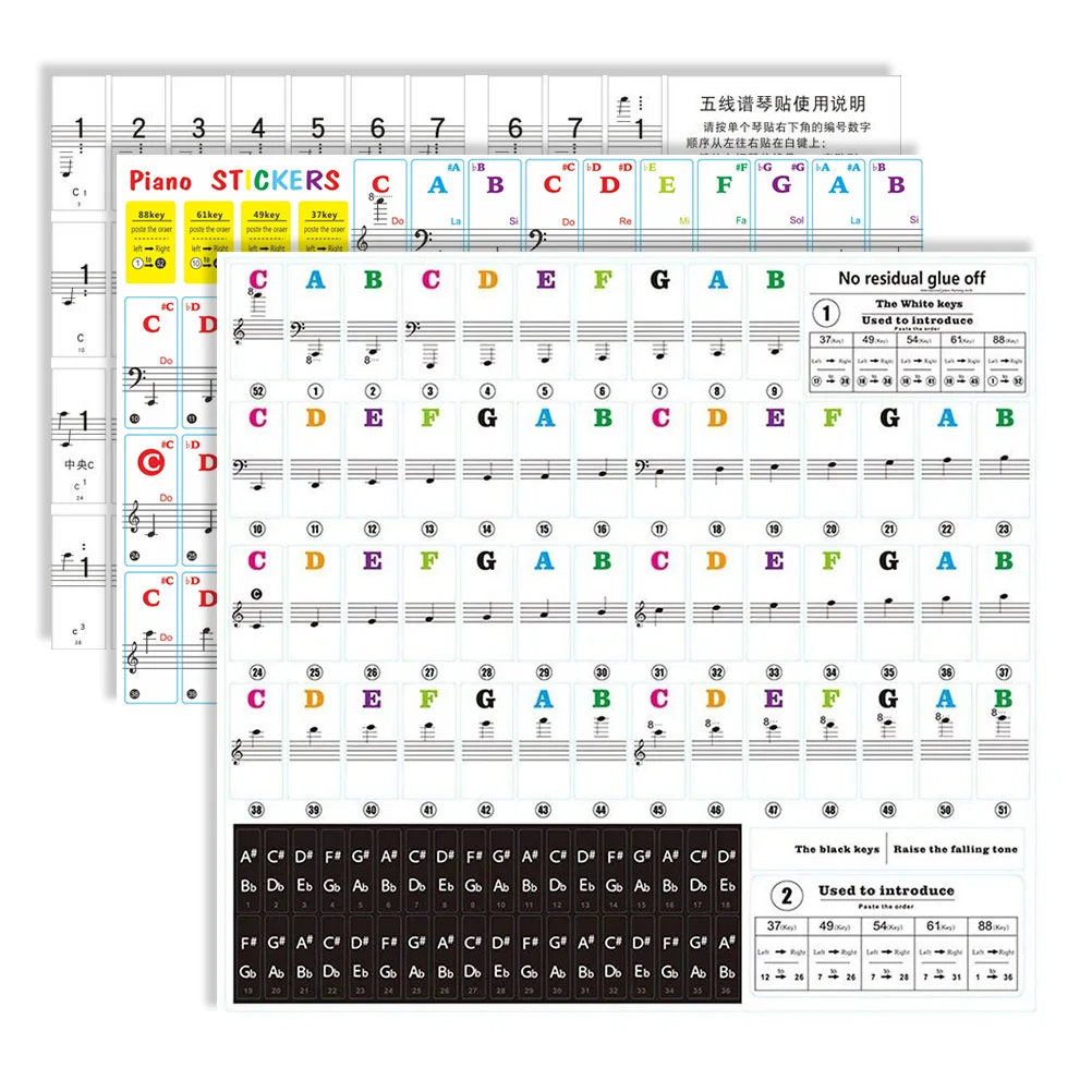 

3pcs Piano Stickers Note Labels for Beginners Keys Removable Kids Keyboard Accessories Colorful Sheet Music Notation Durable