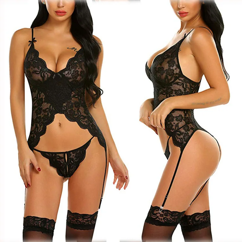 Seksowna bielizna sukienka Babydoll koronkowa przezroczysta podwiązka stringi seks kostiumy Porno seksowna bielizna gorset bielizna nocna dla kobiet
