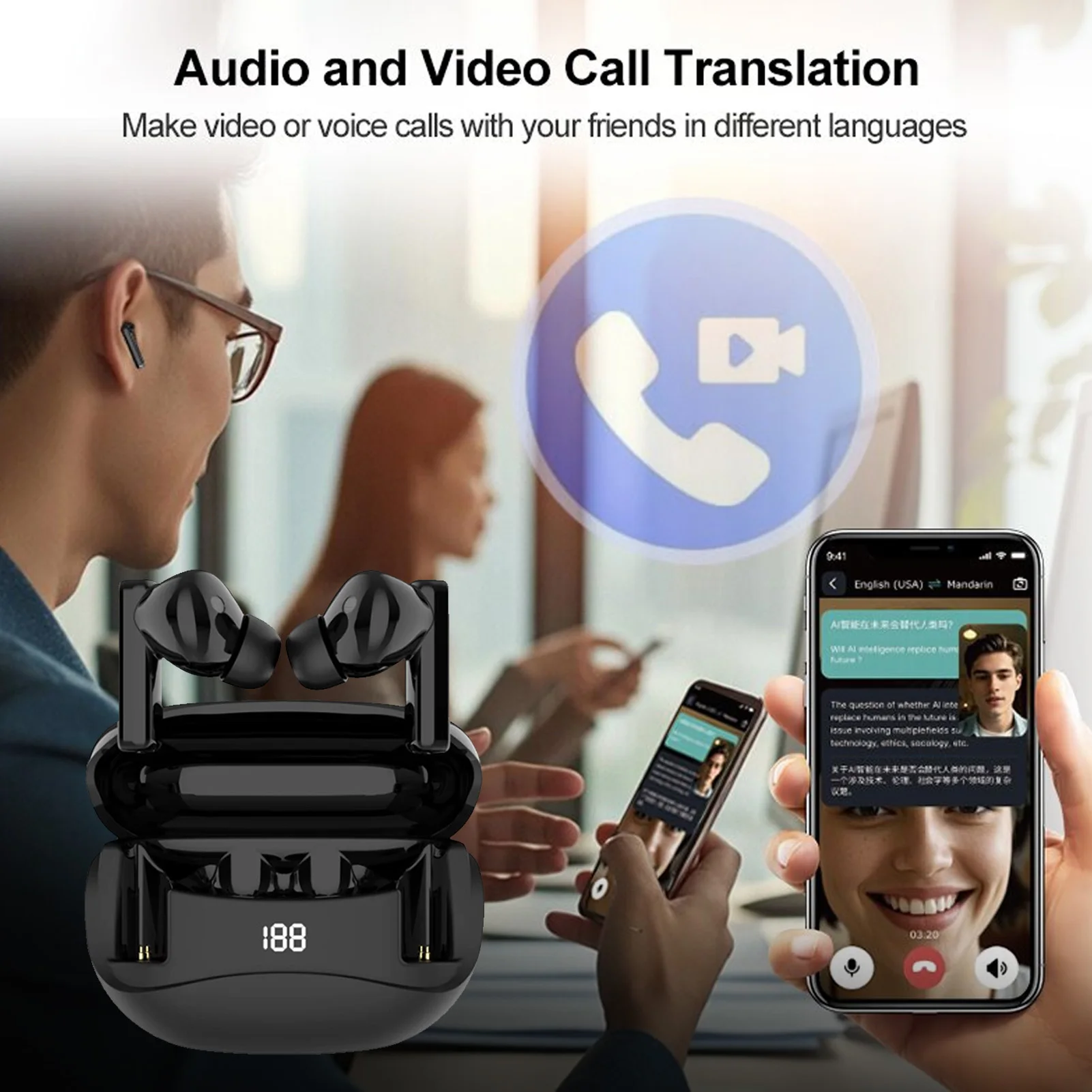 سماعات أذن 3 في 1 للترجمة بالذكاء الاصطناعي مع تطبيق 164 لغة، سماعات أذن لاسلكية للمترجم في الوقت الحقيقي لتعلم رحلة العمل والسفر