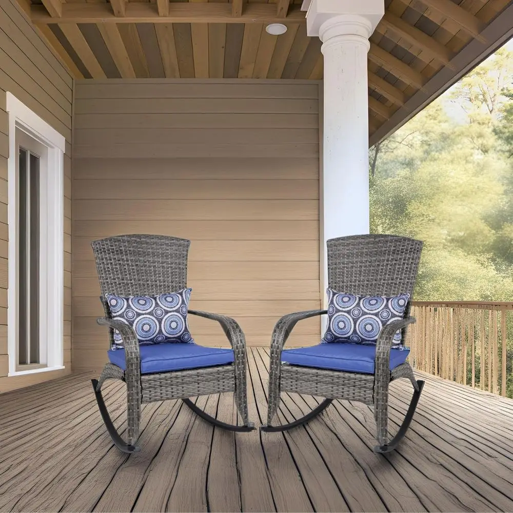 

2-Piece Outdoor Rocking Chair Set with Cushions, Weather-Resistant Patio Rockers for Backyard, Poolside - Grey Wicker & Navy Blu