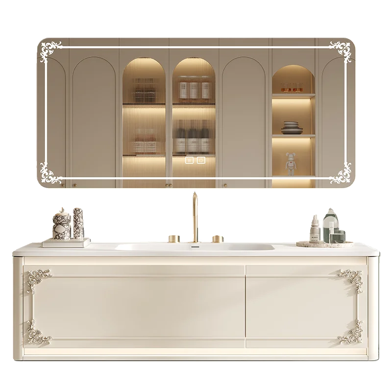 

New DuPont Corian Slate Seamless Hot Bending Basin Waterproof Wash Basin Bathroom Cabinet Rubber Wood Paint