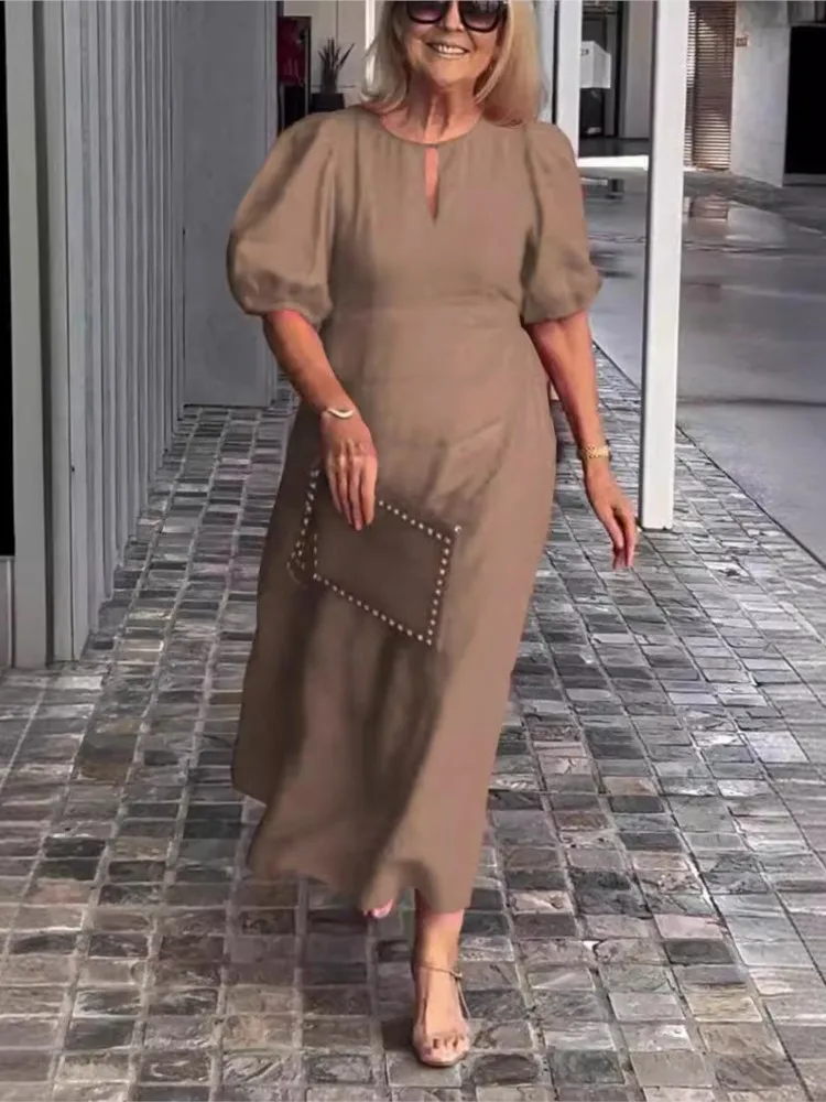 Casual Solid Color Cotton linen Puff Sleeve Long Dress For Women Summer Loose O Neck Elegant Party Dresses Ensemble Femme