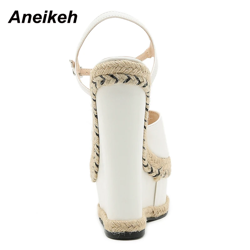 Aneikeh 2025 Summer Grass Woven Slope Heel Comfortable Sandals Ladies Shoes Party PU Platform Buckle Fashion Sandalias Mujer