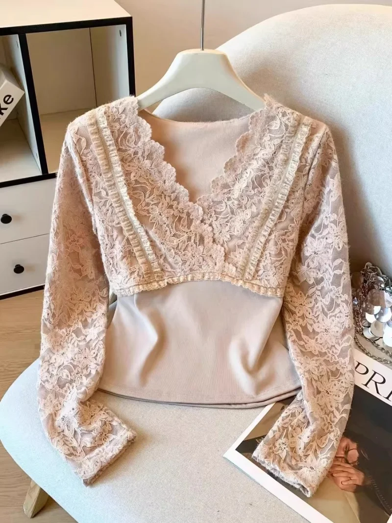 Fake Two Piece T-Shirt for Women - Elegant V-Neck Long Sleeve Top with Brushed Lace, Slim Fit Casual Wear for Spring and Fall w