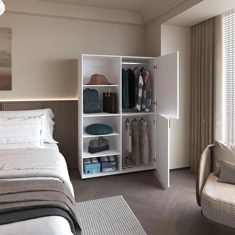 خزانة ملابس ببابين مع مساحة تخزين مفتوحة - تصميم أنيق وعملي باللون الأبيض لتنظيم غرفة النوم #2