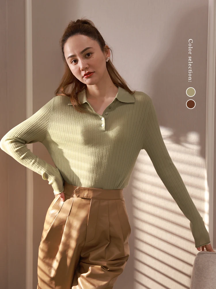 

Женский трикотажный топ WinnieTang Ele Ultrine из шерстяной смеси с отложным воротником, базовый слой