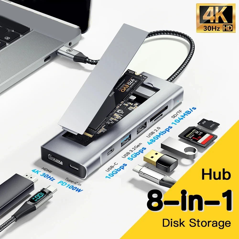 For Macbook Air M1 M2 8-in-1 USB Hub With Disk Storage Function SSD M.2 SATA NVME USB Type C to HDMI-Compatible Docking Station