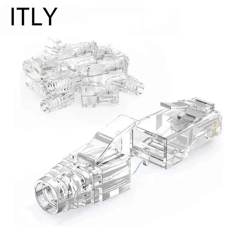 ITLY RJ45 Cat6 Pass Through Connectors and Strain Relief Boots, EZ to Crimp Modular Plug for Solid or Stranded Network Cable