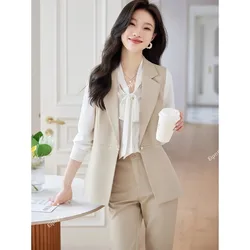 2024 Black Coffee Apricot Vest and Pant Suit Women Sleeveless Blazer Trouser Two Pieces Set for Office Ladies Business Work Wear