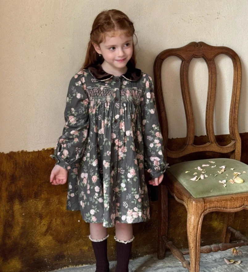 

2025 Autumn New Girls Velvet Collar Splicing Floral Dress Girls Pulling Long Sleeve Dress Forest Style Girls Dress