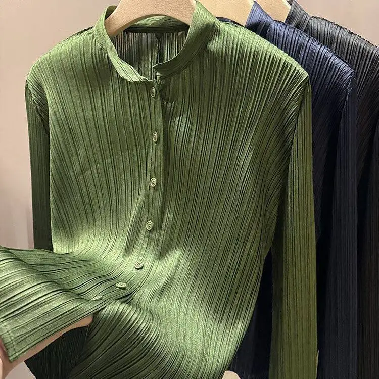 2026 new drape pleated premium new pleated long-sleeved solid color shirt stand-up collar shirt is thin