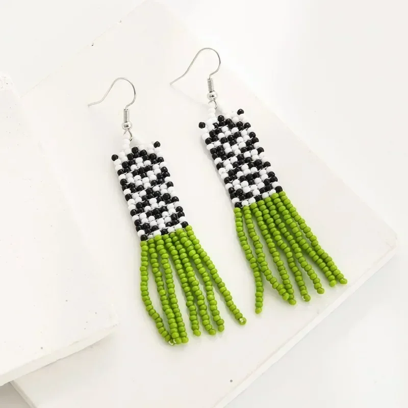 Beaded earrings Tassel Geometry Design Original Hand knitting Bohemia Alloy Tide Simple Chroma Female Rice bead earrings