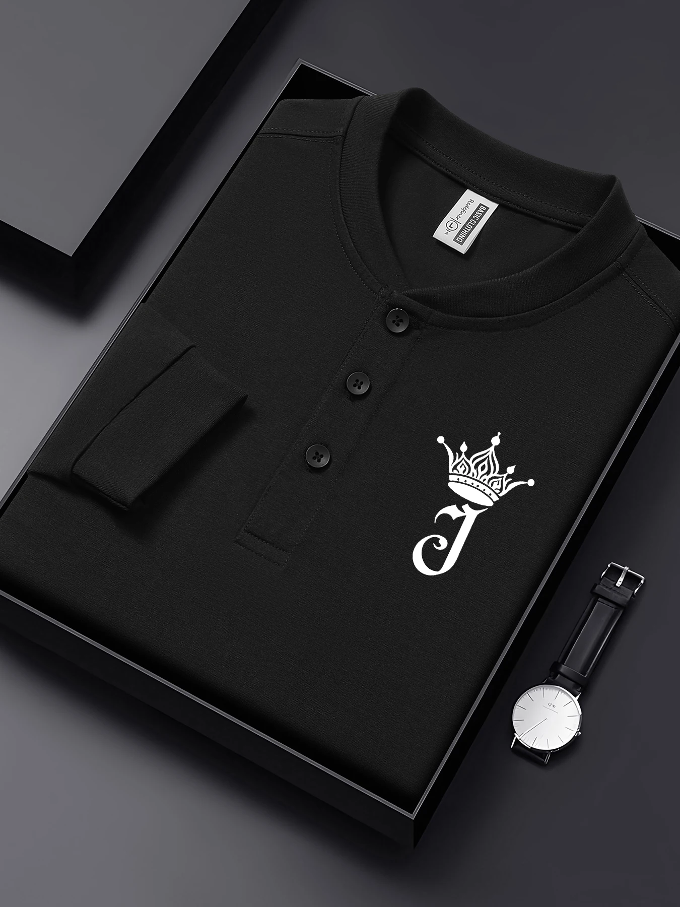 

Футболка с простым принтом Crown Letter J, мужская модная универсальная уличная одежда, хлопковая одежда с вырезом Генри, осенние спортивные рубашки на пуговицах