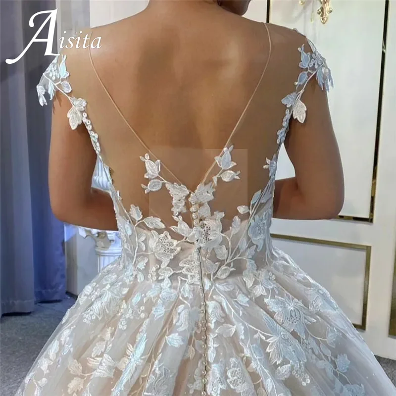 Modesto laço o-pescoço vestido de casamento 2025 uma linha sem mangas rendas apliques vestidos de noiva sem costas elegante ilusão vestidos de casamento
