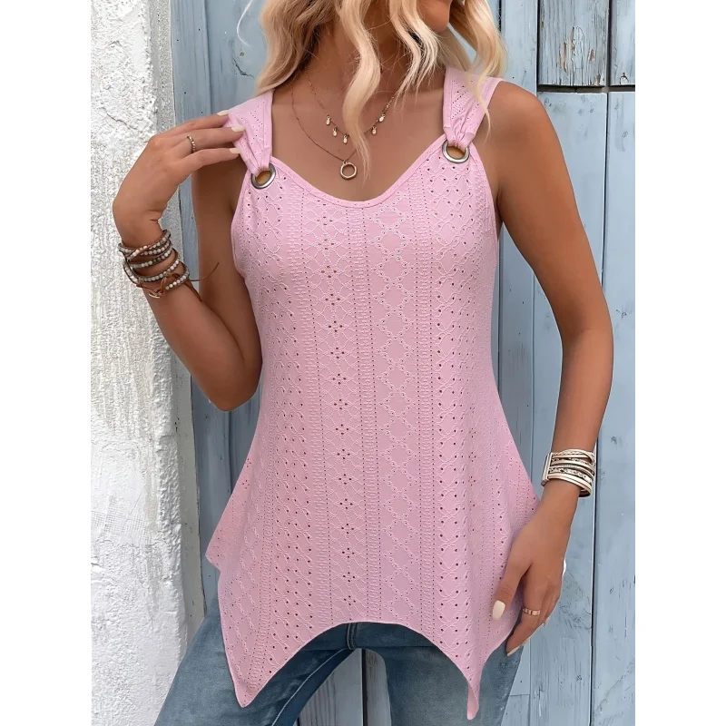 Women'S Fashion Casual Vacation Style Textured Jacquard Round Ring Irregular Trim Top