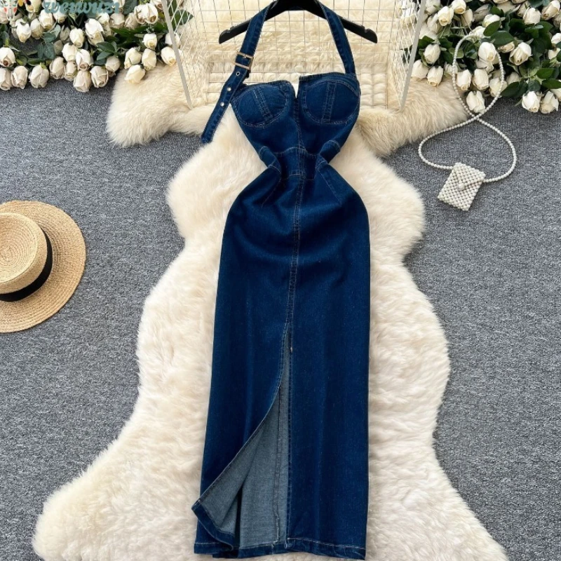 

Elegant Women's Long Denim Dresses Sexy Halter Sling Cowboy Dress Vestidos Jeans Streetwear Sleeveless Splice Party Night Robes