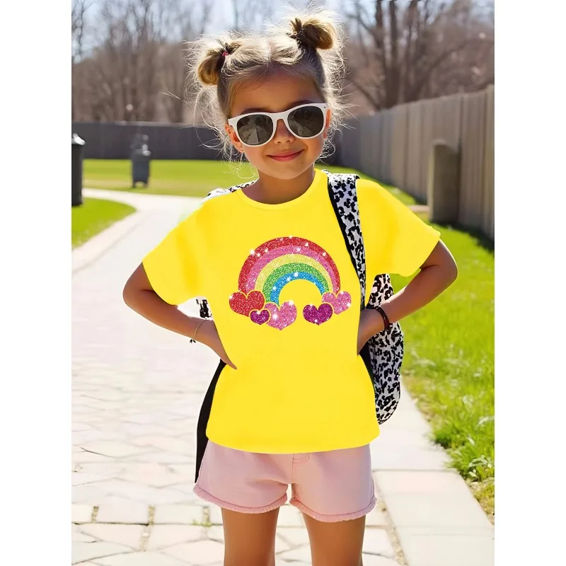 2026 Summer Fashionable Women's Round Neck Short Sleeve Rainbow Heart Pattern T-shirt Casual Summer Versatile Parent Child Top