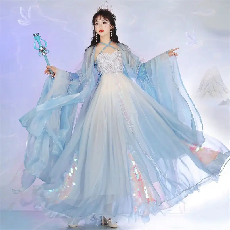 Vestido Hanfu chino antiguo para mujer, traje de cosplay de FairyCosplay, vestido de baile de escenario, vestido Hanfu de verano, azul degradado, talla grande