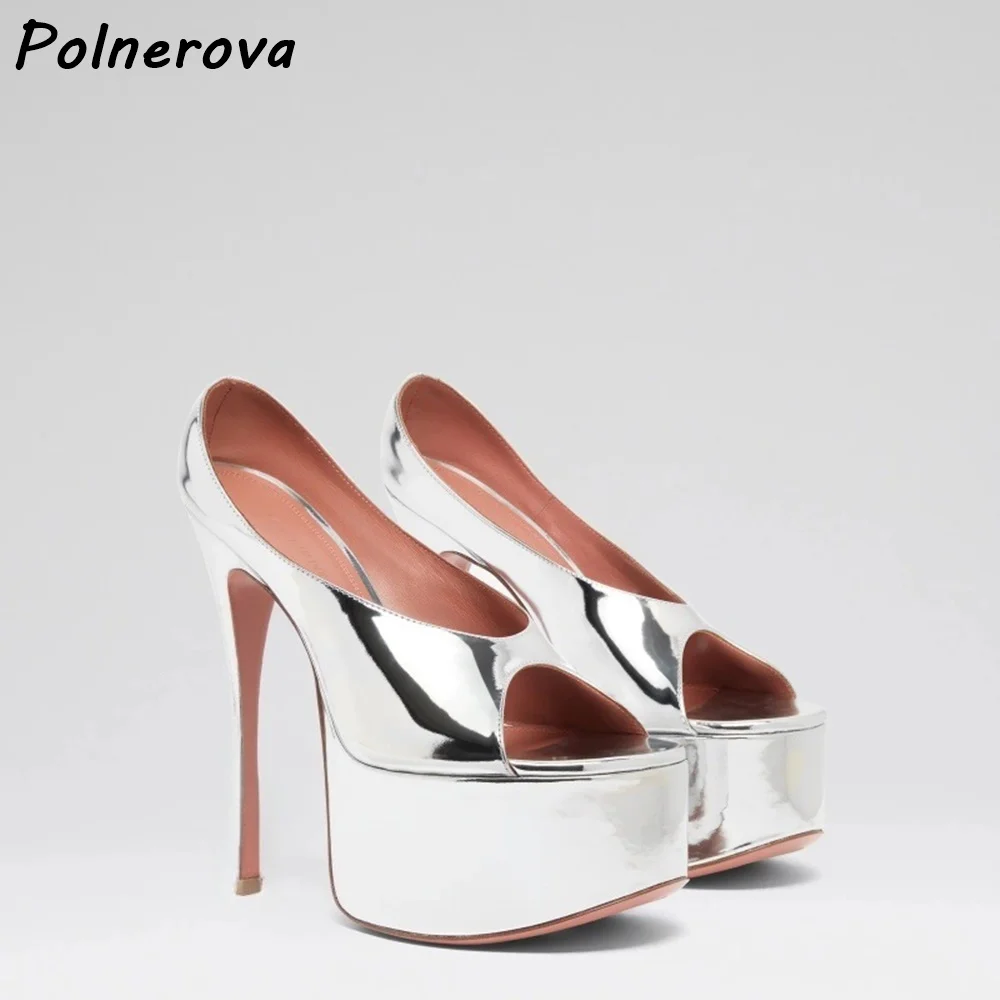 Peep Toe Platform Stiletto Heel Sandals Mules Satin Metallic Finish High Heel Slides Summer Women Clubwear Parties Shoes